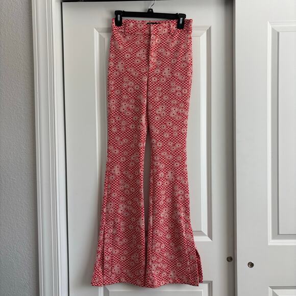 Zara Women’s Orange Daisy Print Flare Pant Sz S Split Hem Retro 70s Boho - Picture 3 of 13